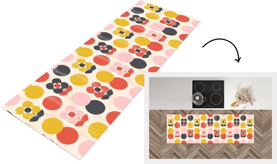 KitchenYeah Keukenloper 150x50 cm Keukenmat vinyl Retro Design Bloemen Pastel Keukenmatten loper Keuken vloerkleed tapijt
