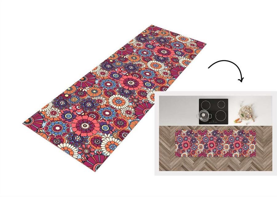 KitchenYeah Keukenloper 180x60 cm Keukenmat vinyl Vintage Patronen Bloemen Planten Keukenmatten loper Keuken vloerkleed tapijt
