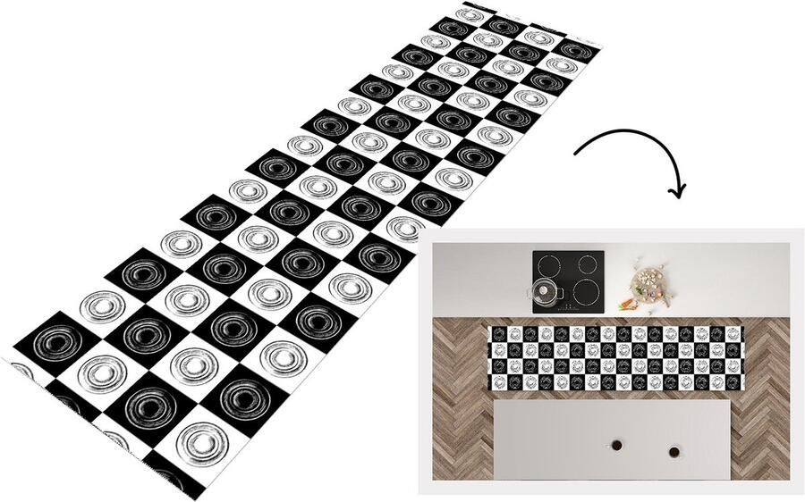 KitchenYeah Keukenloper 200x50 cm Keukenmat vinyl Patronen Schaakbord Zwart Wit Keukenmatten loper Keuken vloerkleed tapijt