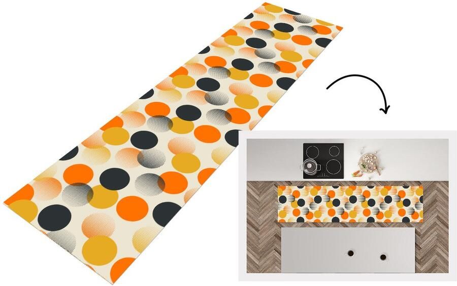 KitchenYeah Keukenloper 240x60 cm Keukenmat vinyl Polkadot Design Retro Oranje Keukenmatten loper Keuken vloerkleed tapijt