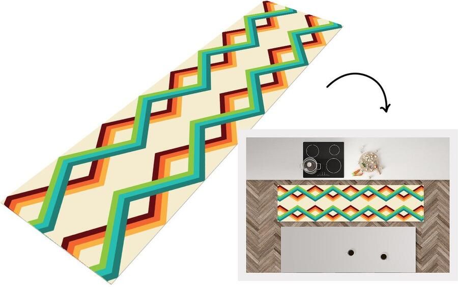 KitchenYeah Keukenloper 200x50 cm Keukenmat vinyl Retro Strepen Design Seventies Keukenmatten loper Keuken vloerkleed tapijt