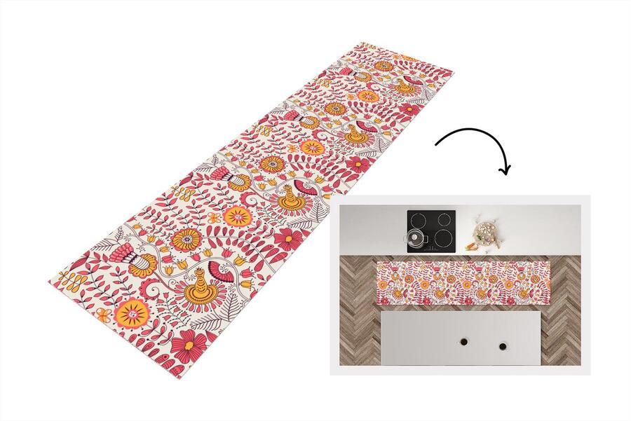 KitchenYeah Keukenloper 240x60 cm Keukenmat vinyl Bloemen Design Roze Oranje Keukenmatten loper Keuken vloerkleed tapijt