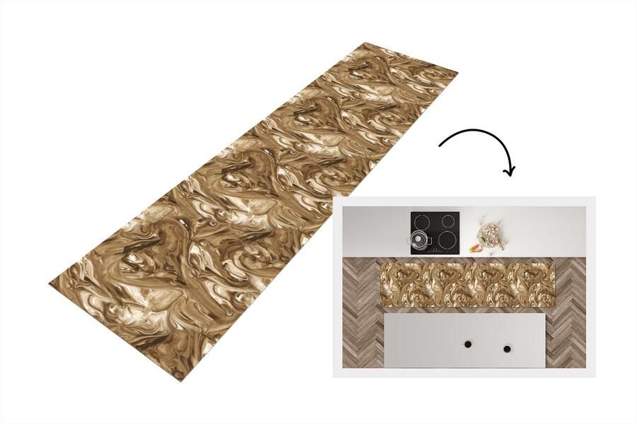 KitchenYeah Keukenloper 200x50 cm Keukenmat vinyl Bruin Marmer print Verf Patronen Keukenmatten loper Keuken vloerkleed tapijt