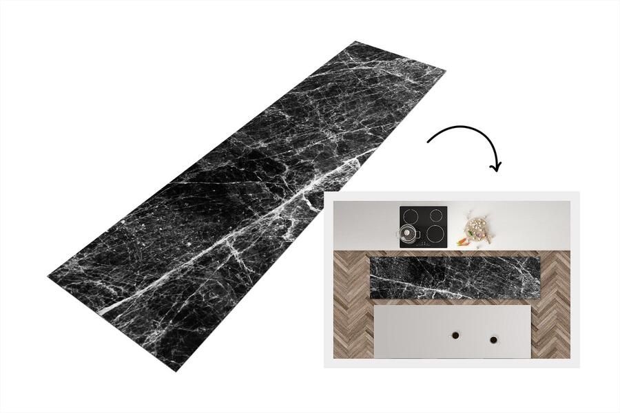 KitchenYeah Keukenloper 240x60 cm Keukenmat vinyl Marmer Steen Zwart Keukenmatten loper Keuken vloerkleed tapijt