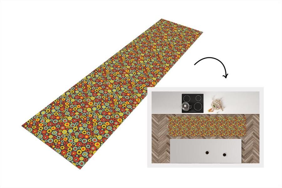 KitchenYeah Keukenloper 240x60 cm Keukenmat vinyl Patroon Jaren 70 Retro Bubbel Keukenmatten loper Keuken vloerkleed tapijt