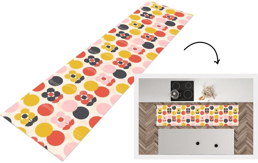 KitchenYeah Keukenloper 240x60 cm Keukenmat vinyl Retro Design Bloemen Pastel Keukenmatten loper Keuken vloerkleed tapijt