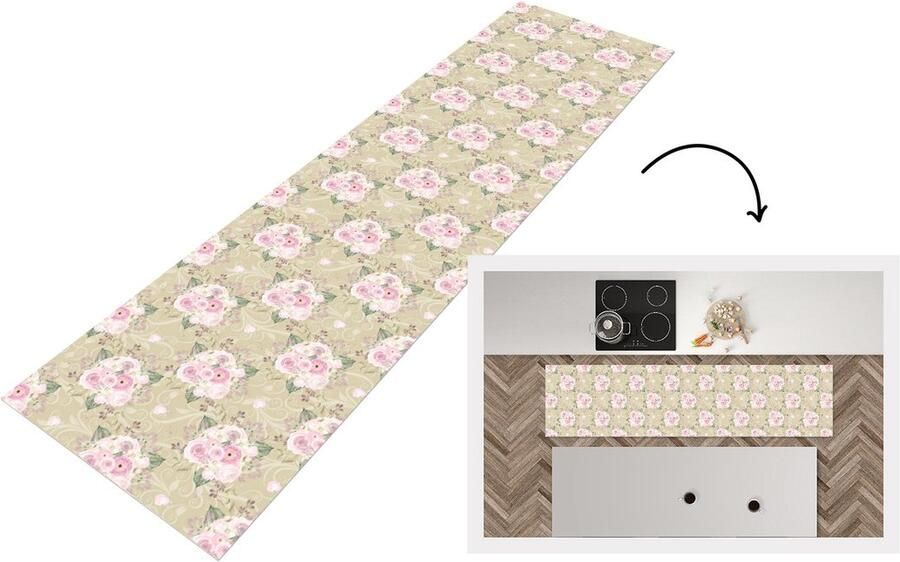 KitchenYeah Keukenloper 240x60 cm Keukenmat vinyl Roos Patronen Bloemen Keukenmatten loper Keuken vloerkleed tapijt