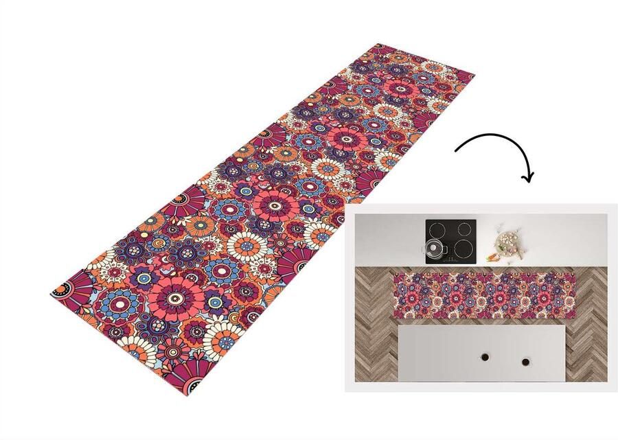 KitchenYeah Keukenloper 200x50 cm Keukenmat vinyl Vintage Patronen Bloemen Planten Keukenmatten loper Keuken vloerkleed tapijt