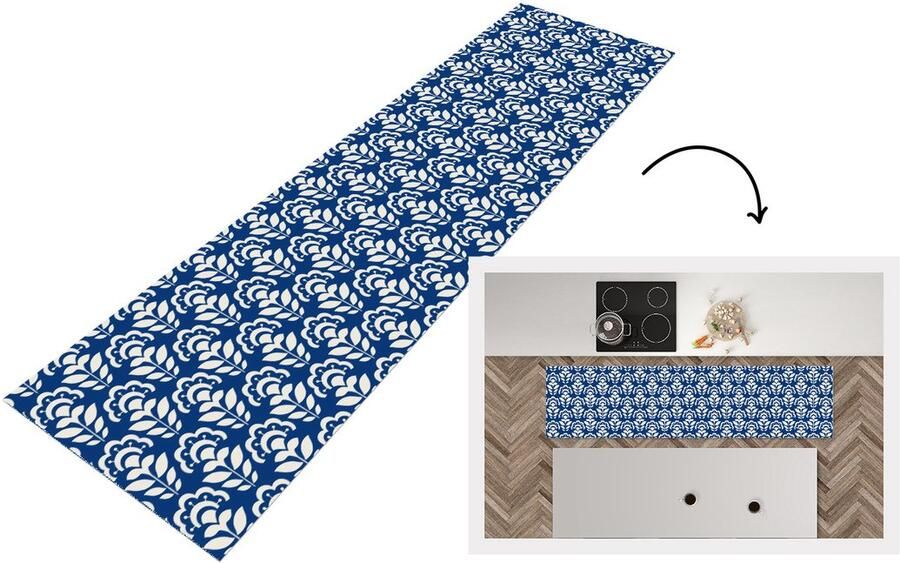 KitchenYeah Keukenloper 240x60 cm Keukenmat vinyl Zonnebloem Blauw Design Keukenmatten loper Keuken vloerkleed tapijt