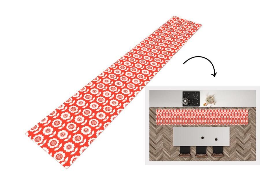 KitchenYeah Keukenloper 360x60 cm Keukenmat vinyl Bloemen Patroon Rood Keukenmatten loper Keuken vloerkleed tapijt