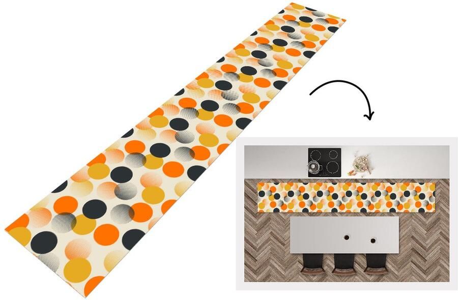 KitchenYeah Keukenloper 360x60 cm Keukenmat vinyl Polkadot Design Retro Oranje Keukenmatten loper Keuken vloerkleed tapijt