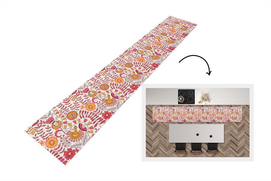 KitchenYeah Keukenloper 360x60 cm Keukenmat vinyl Bloemen Design Roze Oranje Keukenmatten loper Keuken vloerkleed tapijt