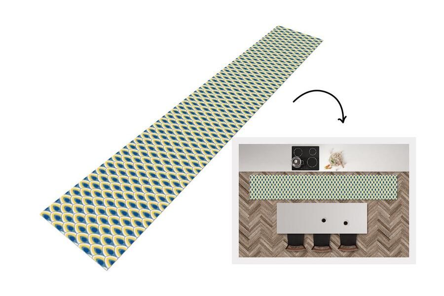 KitchenYeah Keukenloper 360x60 cm Keukenmat vinyl Design Patroon Retro Geel Blauw Keukenmatten loper Keuken vloerkleed tapijt