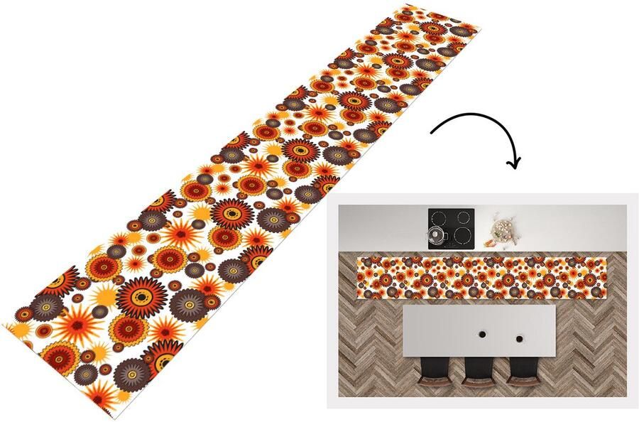 KitchenYeah Keukenloper 360x60 cm Keukenmat vinyl Design Retro Oranje Bloemen Keukenmatten loper Keuken vloerkleed tapijt