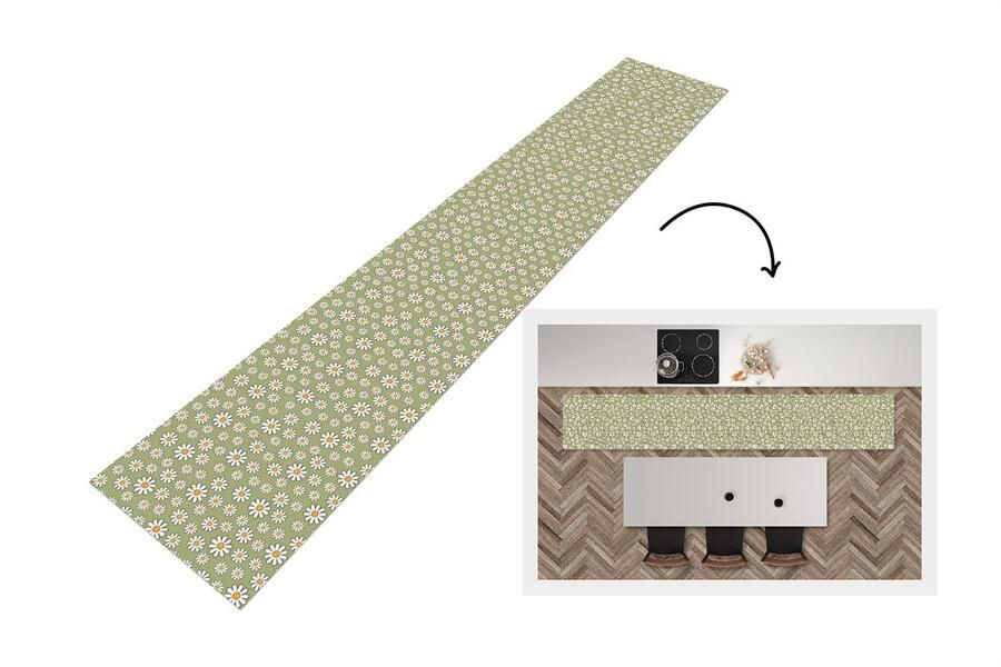 KitchenYeah Keukenloper 360x60 cm Keukenmat vinyl Vintage Patronen Bloemen Madelief Keukenmatten loper Keuken vloerkleed tapijt
