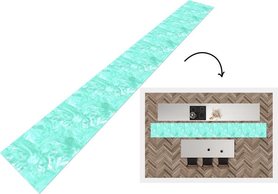 KitchenYeah Keukenloper 400x50 cm Keukenmat vinyl Blauw Marmer print Verf Design Keukenmatten loper Keuken vloerkleed tapijt