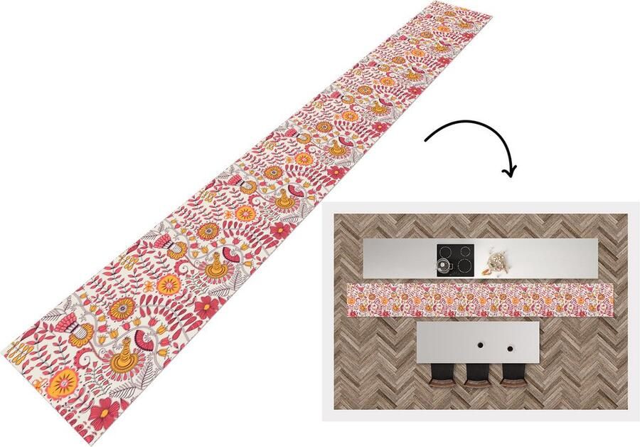 KitchenYeah Keukenloper 400x50 cm Keukenmat vinyl Bloemen Design Roze Oranje Keukenmatten loper Keuken vloerkleed tapijt