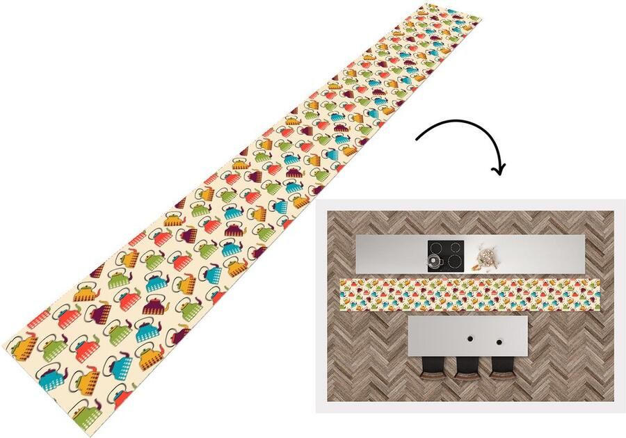 KitchenYeah Keukenloper 480x60 cm Keukenmat vinyl Design Retro Theepot Kleuren Keukenmatten loper Keuken vloerkleed tapijt