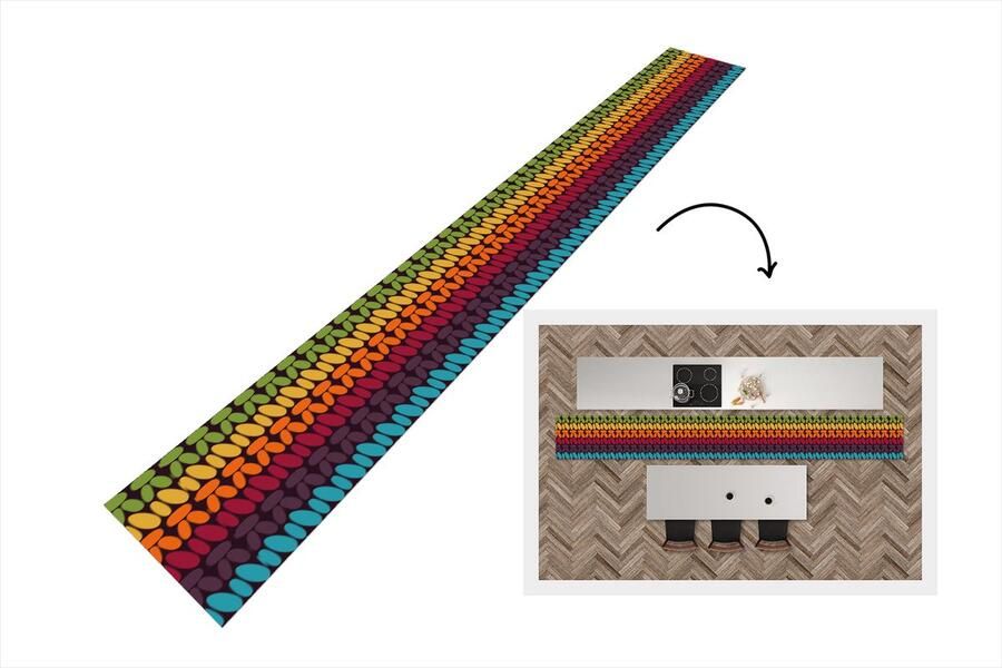 KitchenYeah Keukenloper 480x60 cm Keukenmat vinyl Haakpatronen Retro Regenboog Keukenmatten loper Keuken vloerkleed tapijt