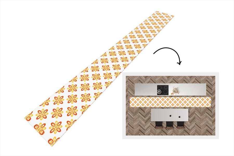 KitchenYeah Keukenloper 400x50 cm Keukenmat vinyl Patroon Jaren 70 Bloemen Oranje Keukenmatten loper Keuken vloerkleed tapijt