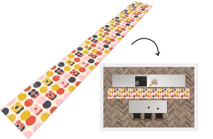 KitchenYeah Keukenloper 480x60 cm Keukenmat vinyl Retro Design Bloemen Pastel Keukenmatten loper Keuken vloerkleed tapijt