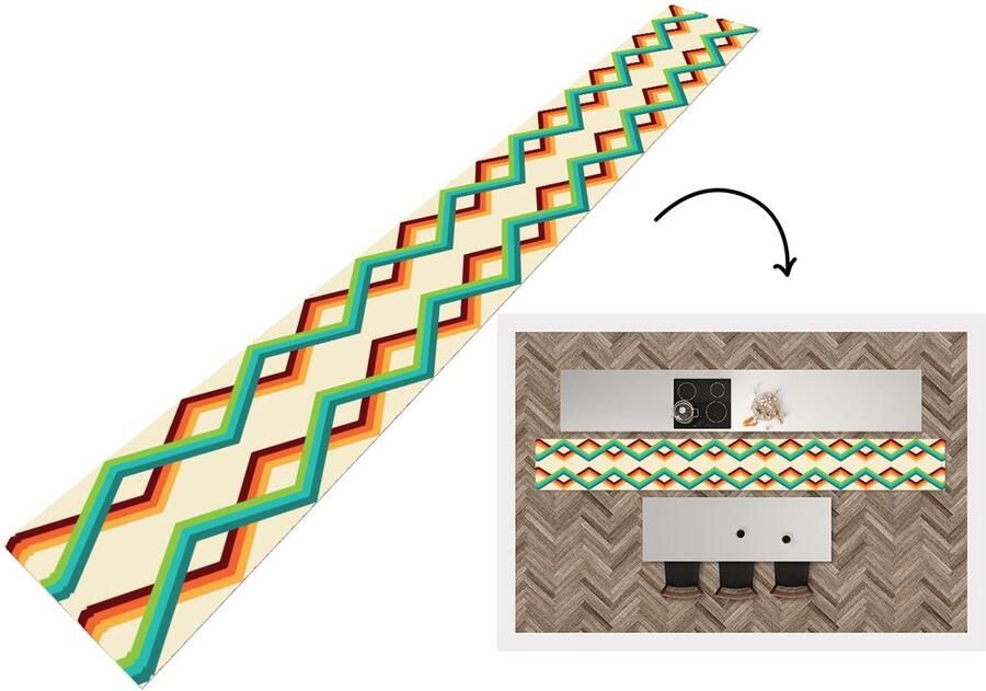 KitchenYeah Keukenloper 400x50 cm Keukenmat vinyl Retro Strepen Design Seventies Keukenmatten loper Keuken vloerkleed tapijt