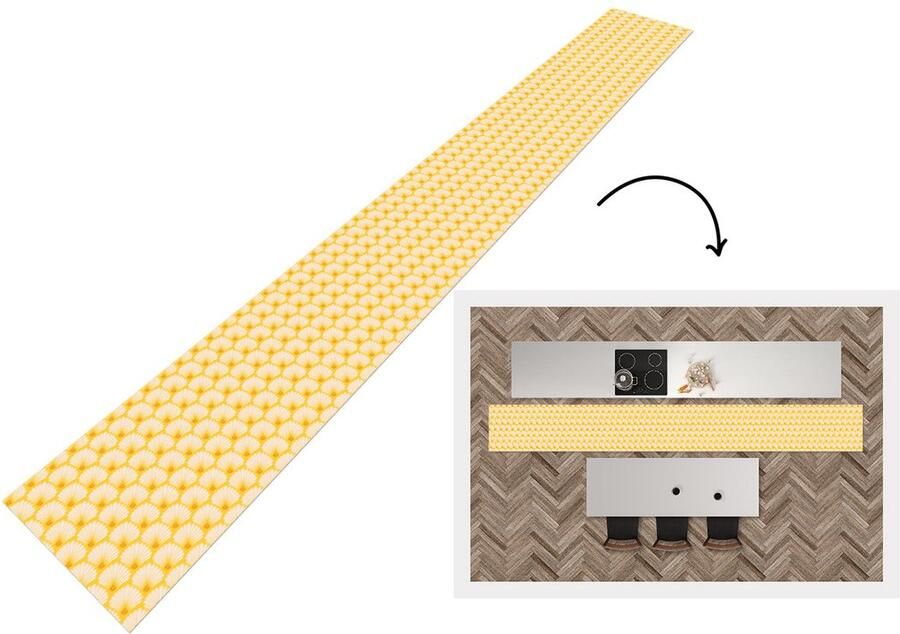 KitchenYeah Keukenloper 480x60 cm Keukenmat vinyl Art Deco Design Schelp Geel Keukenmatten loper Keuken vloerkleed tapijt