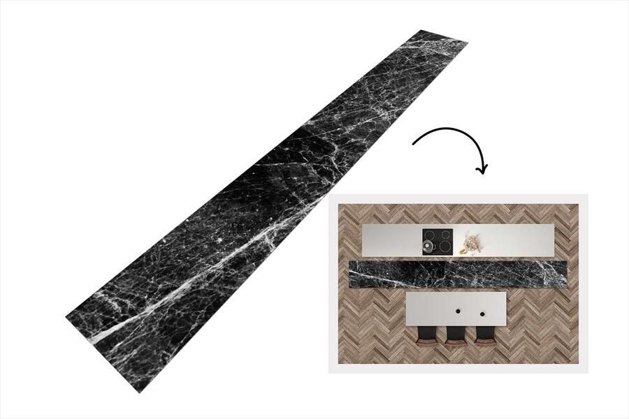 KitchenYeah Keukenloper 400x50 cm Keukenmat vinyl Marmer Steen Zwart Keukenmatten loper Keuken vloerkleed tapijt