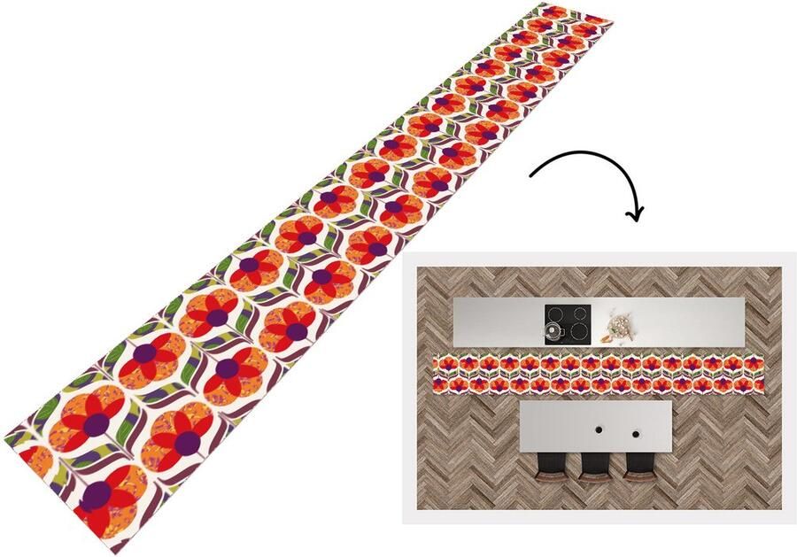 KitchenYeah Keukenloper 400x50 cm Keukenmat vinyl Retro Flower Power Vintage Kleuren Keukenmatten loper Keuken vloerkleed tapijt