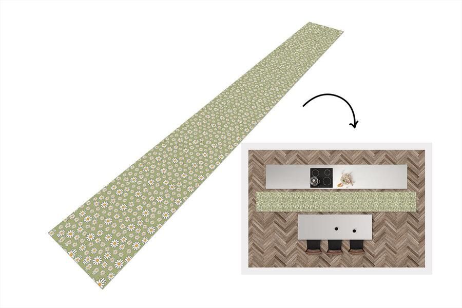 KitchenYeah Keukenloper 400x50 cm Keukenmat vinyl Vintage Patronen Bloemen Madelief Keukenmatten loper Keuken vloerkleed tapijt