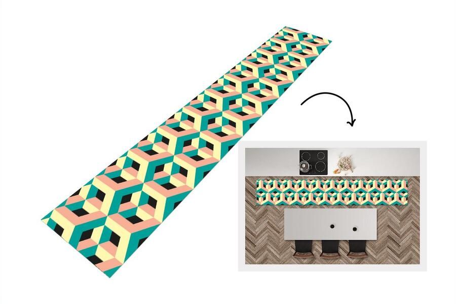 KitchenYeah Keukenloper Loper keuken 3D Patronen Kubus 300x50 cm Keukenloper vinyl