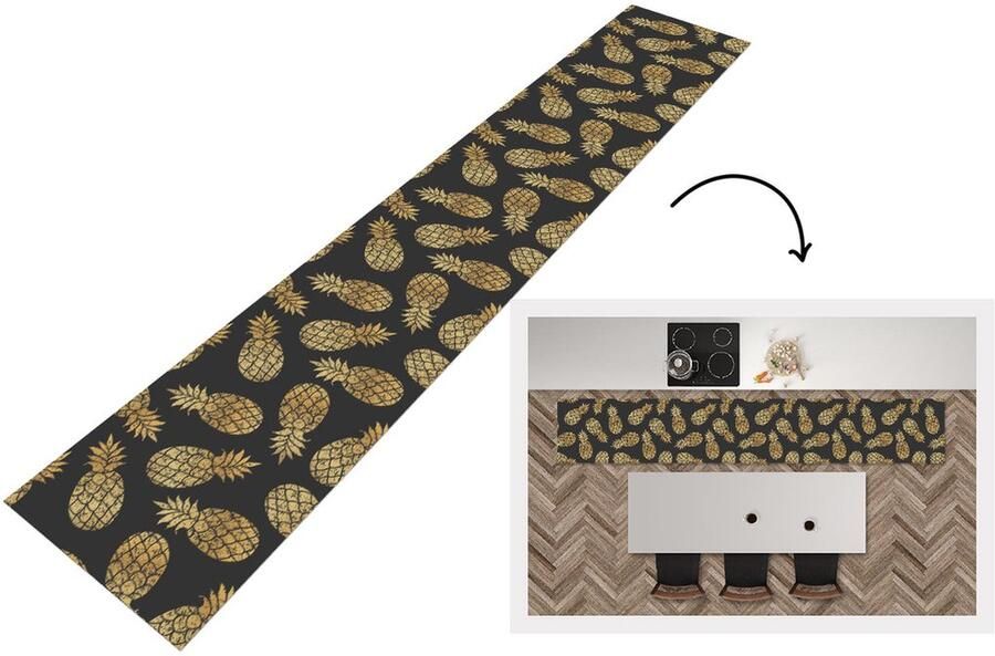 KitchenYeah Keukenloper Keukenmat Ananas Goud Luxe Patronen 360x60 cm Keuken vloerkleed