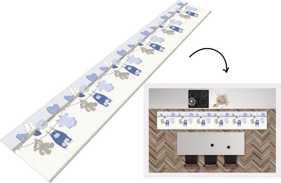 KitchenYeah Keukenloper Loper keuken Baby kleren Waslijn Teddybeer Patroon 300x50 cm Keukenloper vinyl
