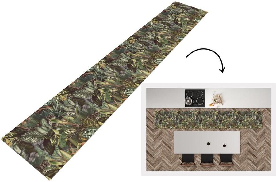 KitchenYeah Keukenloper Keukenmat Bladeren Jungle Vintage Patronen 360x60 cm Keuken vloerkleed