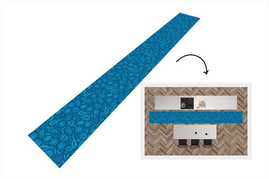 KitchenYeah Keukenloper Keukenmat Blauw Bacteriën Virussen Design 400x50 cm Keuken vloerkleed