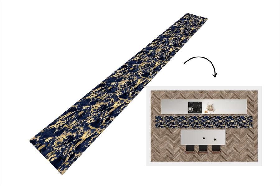 KitchenYeah Keukenloper Keukenmat Blauw Goud Marmer Patroon 480x60 cm Keuken vloerkleed