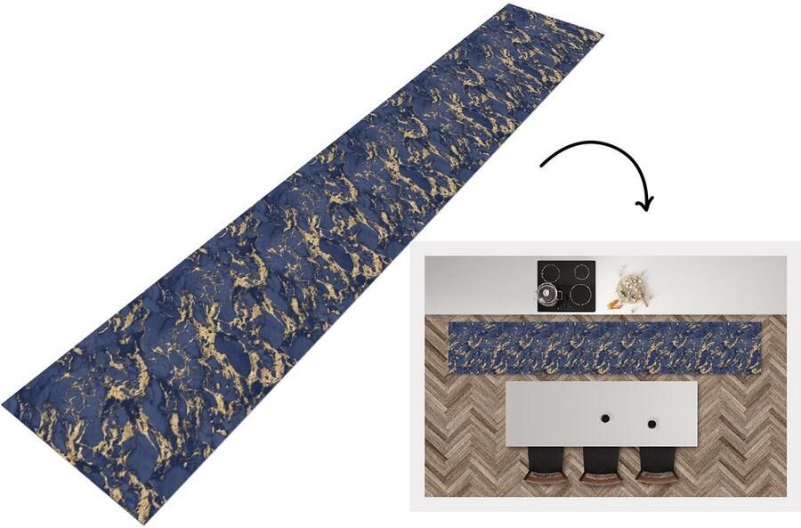 KitchenYeah Keukenloper Keukenmat Blauw Goud Patronen Marmer 360x60 cm Keuken vloerkleed