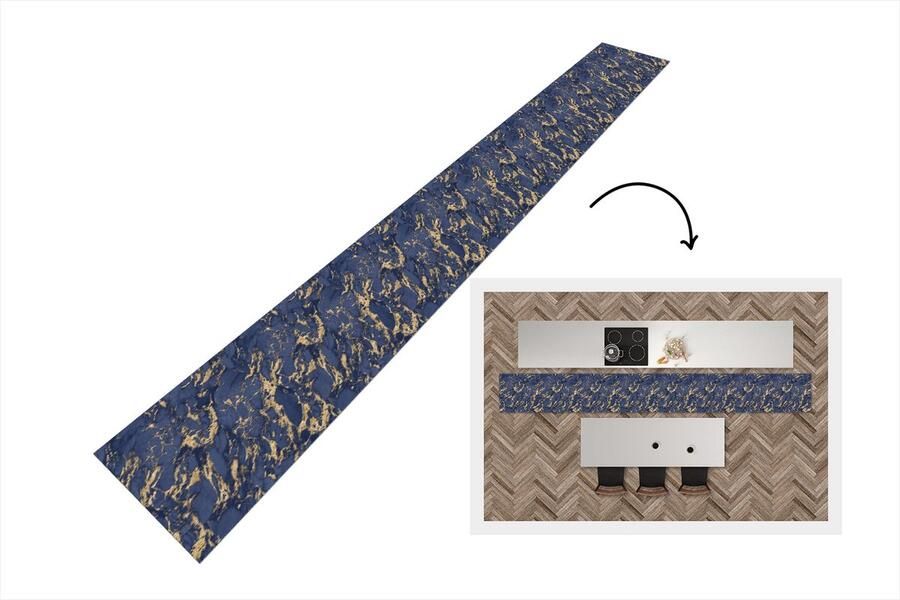 KitchenYeah Keukenloper Keukenmat Blauw Goud Patronen Marmer 480x60 cm Keuken vloerkleed