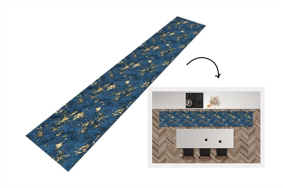 KitchenYeah Keukenloper Keukenmat Blauw Marmer Gold Design 360x60 cm Keuken vloerkleed