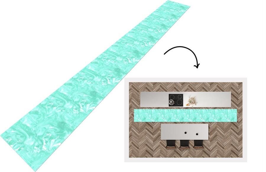 KitchenYeah Keukenloper 480x60 cm Keukenmat vinyl Blauw Marmer print Verf Design Keukenmatten loper Keuken vloerkleed tapijt - Foto 2