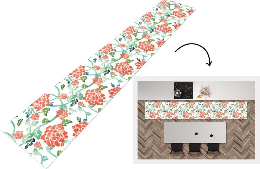 KitchenYeah Keukenloper Keukenmat Bloemen Bladeren Patronen Waterverf 360x60 cm Keuken vloerkleed