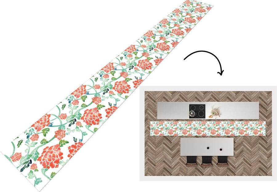 KitchenYeah Keukenloper Keukenmat Bloemen Bladeren Patronen Waterverf 480x60 cm Keuken vloerkleed