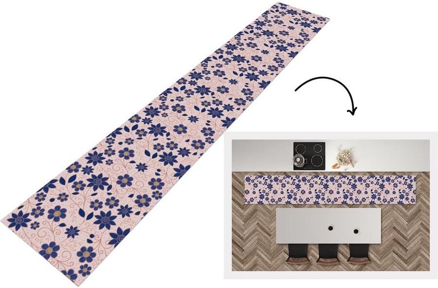 KitchenYeah Keukenloper 360x60 cm Keukenmat vinyl Bloemen Blauw Japan Patronen Keukenmatten loper Keuken vloerkleed tapijt