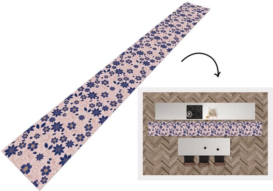 KitchenYeah Keukenloper 480x60 cm Keukenmat vinyl Bloemen Blauw Japan Patronen Keukenmatten loper Keuken vloerkleed tapijt