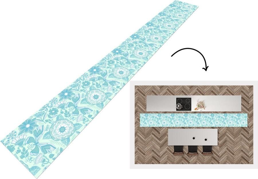 KitchenYeah Keukenloper Keukenmat Bloemen Blauw Wit Patroon 480x60 cm Keuken vloerkleed