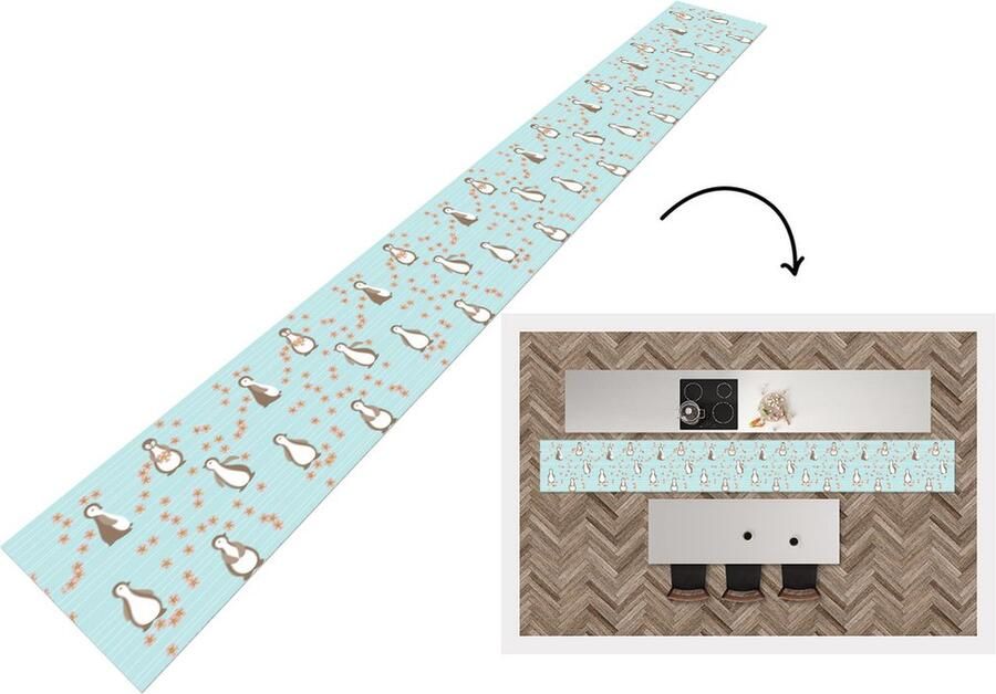 KitchenYeah Keukenloper Keukenmat Bloemen Design Pinguïn 480x60 cm Keuken vloerkleed