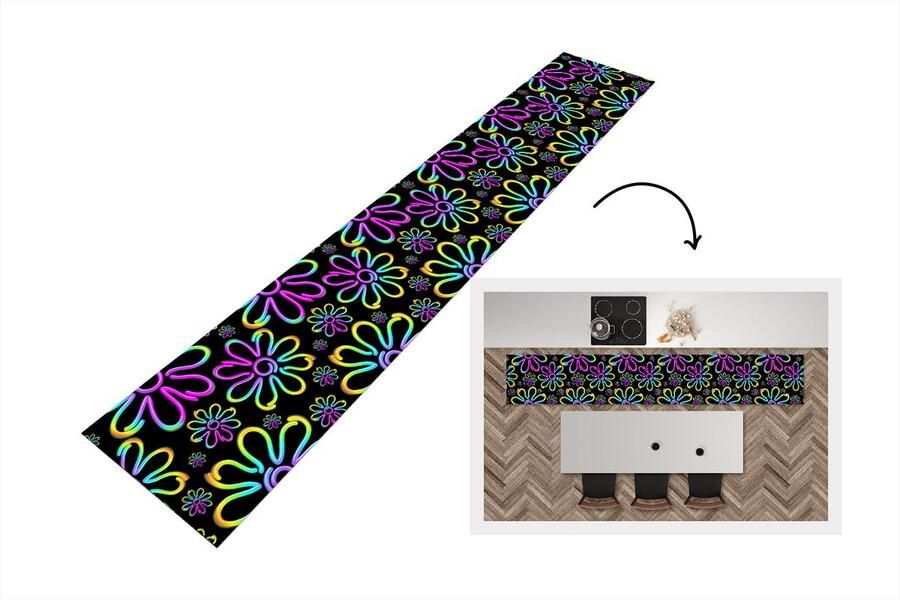 KitchenYeah Keukenloper Keukenmat Bloemen Neon Patronen Psychedelisch 360x60 cm Keuken vloerkleed