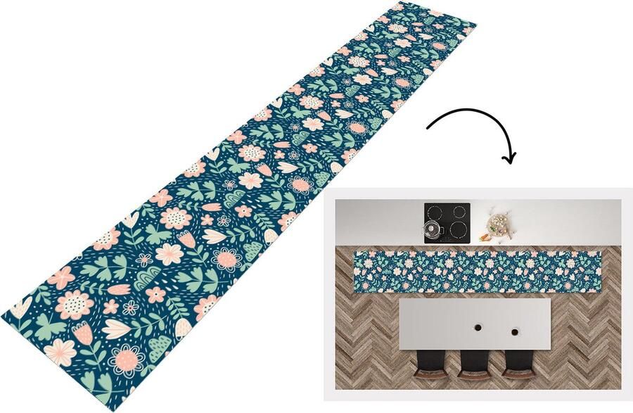 KitchenYeah Keukenloper Keukenmat Bloemen Patroon Planten 360x60 cm Keuken vloerkleed