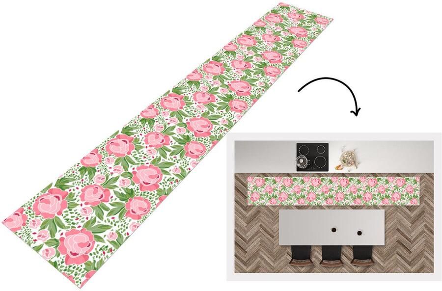 KitchenYeah Keukenloper Keukenmat Bloemen Roze Patronen 360x60 cm Keuken vloerkleed