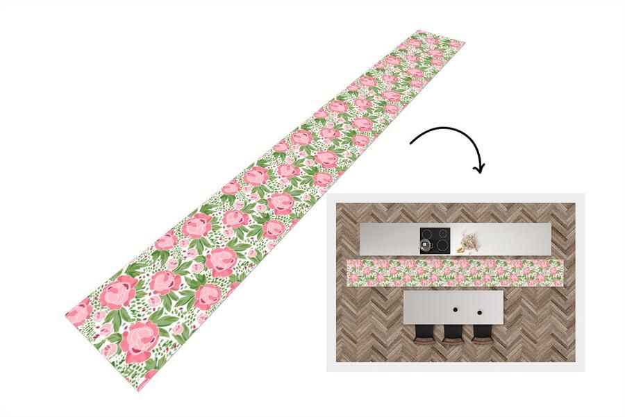KitchenYeah Keukenloper Keukenmat Bloemen Roze Patronen 400x50 cm Keuken vloerkleed